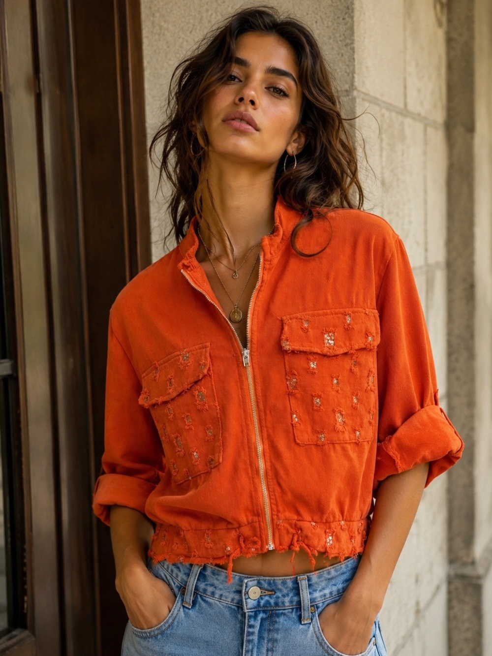 K24. From Italy 🇮🇹 Denim Sequin Zip-Front Women's Jacket
